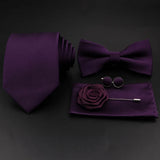 Hot Sale Red Blue Tie Set Polyester Slim Striped Necktie Bowtie Cufflink Brooch For Groom Suit Wedding Cravat Shirt Accessory