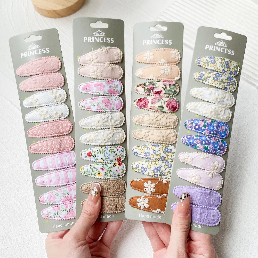 Lot de 10 barrettes à cheveux en forme de goutte d'eau, 5,6 cm, avec broderie imprimée, pour filles mignonnes, épingles à cheveux, couvre-chefs, accessoires pour cheveux pour enfants