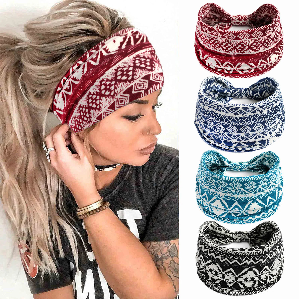 Boho Headbands For Women Fashion Stretch Wide Hair Bands Knoted Turban Yoga Sweatband Elastic Head Bands Stylish Wrap Headbands