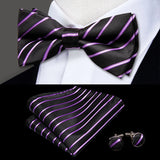 Hi-Tie Striped Black Red Green Silk Mens Bow Tie Hanky Cufflinks Set Pre-tied Butterfly Knot Bowtie for Male Wedding Business