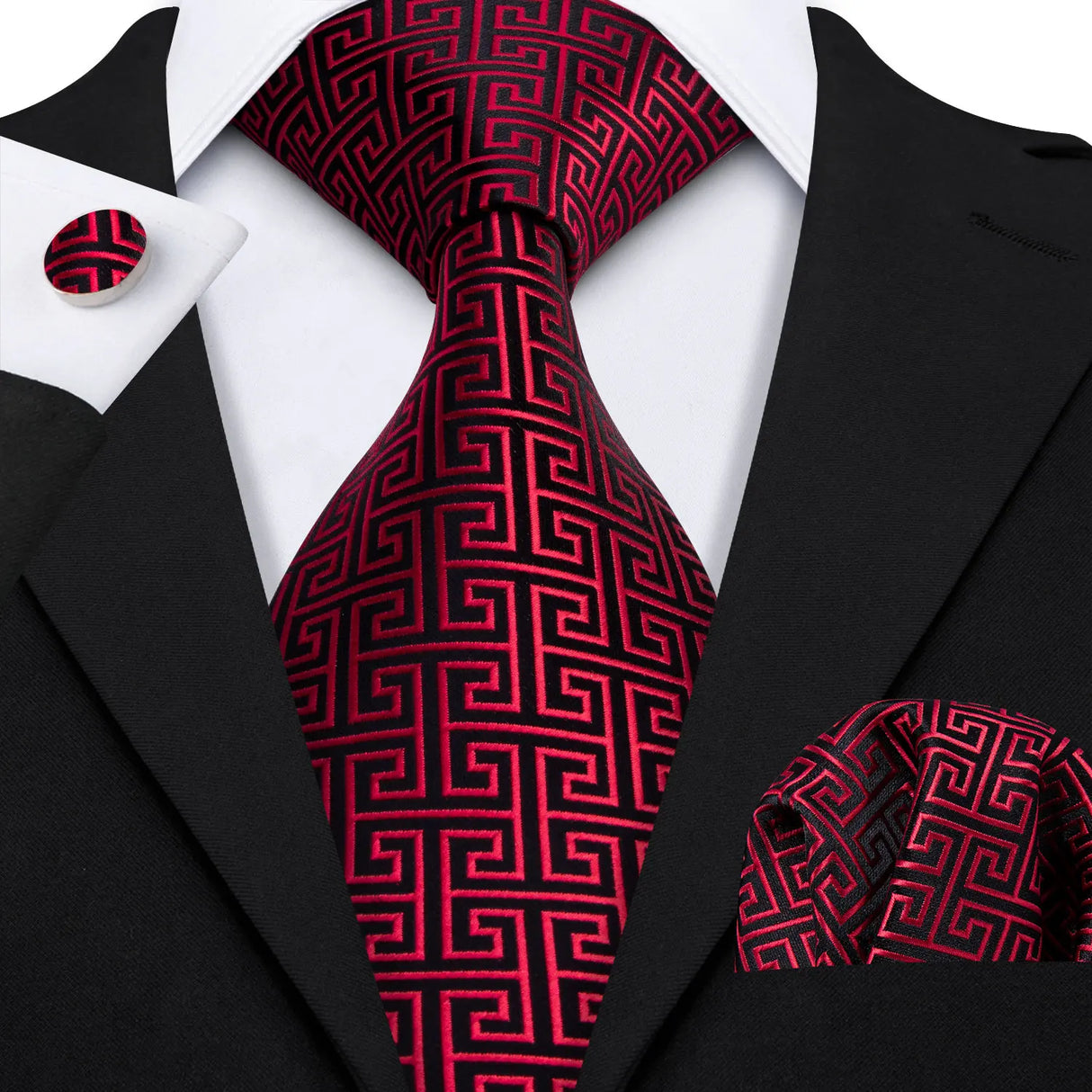 Barry.Wang Ensemble cravate et boutons de manchette en soie pour homme, motif jacquard, rouge, bordeaux, rose, pour mariage, affaires, fête