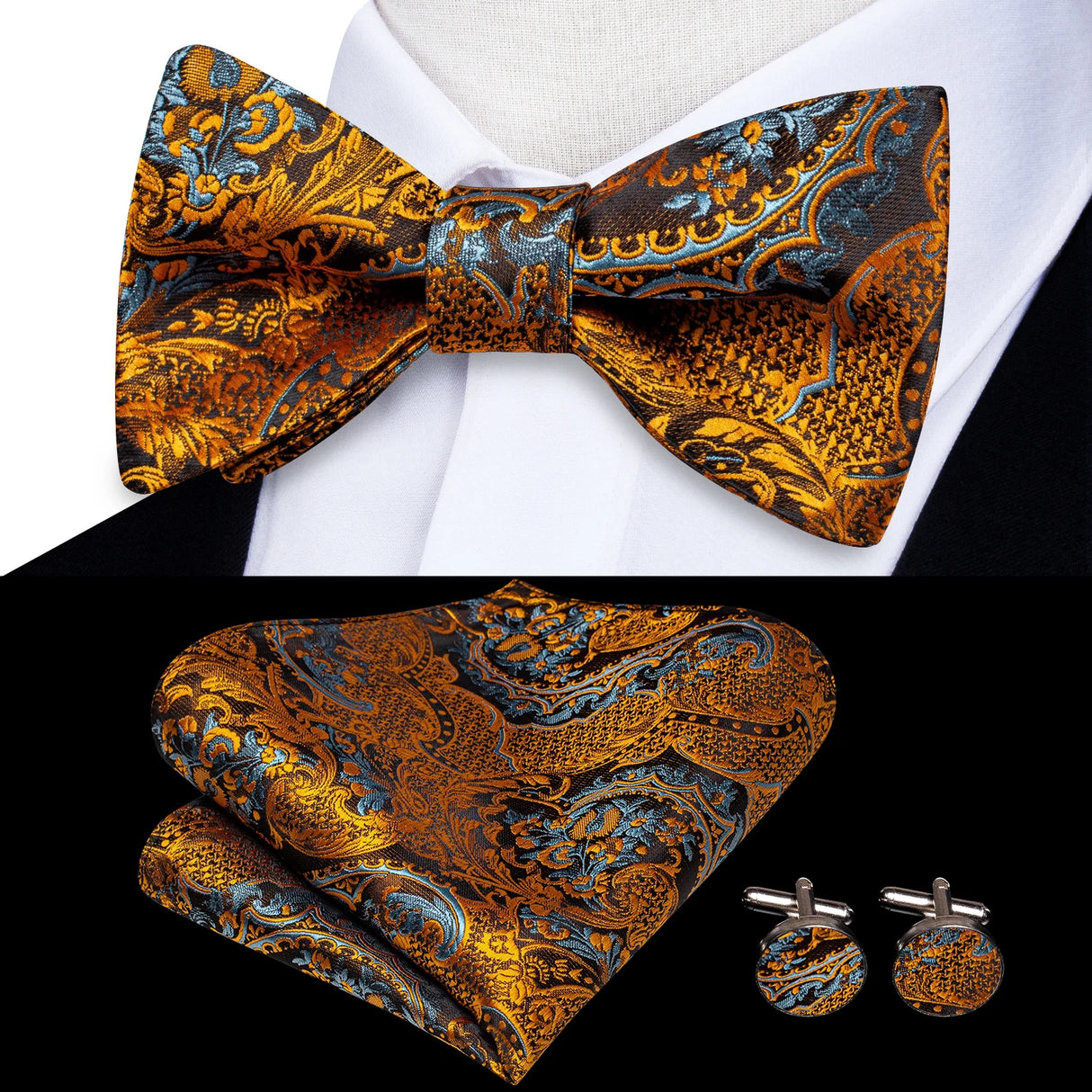 Hi-Tie Ensemble nœud papillon en soie pour homme, mouchoir et boutons de manchette, bleu, rouge, or, noir, blanc, jacquard, nœud papillon, mariage, affaires