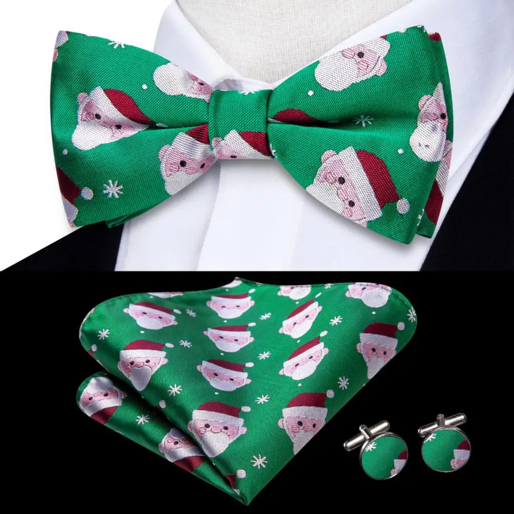 Hi-Tie Nœuds papillon verts de Noël pour hommes Cravate papillon en soie Ensemble de boutons de manchette et mouchoirs pour fête de mariage Nœud papillon uni à carreaux cachemire