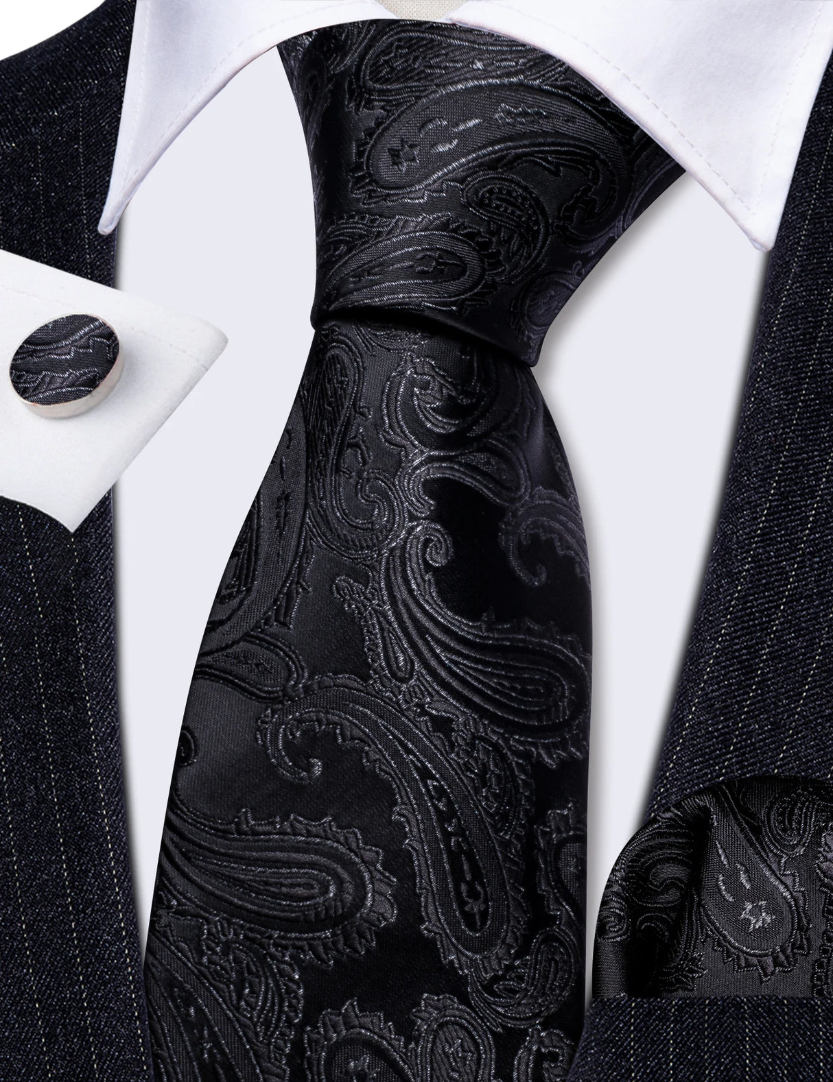 Cravates en soie noire pour hommes, classiques, solides, tissées de haute qualité, avec pochette et boutons de manchette, pour soirées formelles, design Barry.Wang