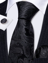 Cravates en soie noire pour hommes, classiques, solides, tissées de haute qualité, avec pochette et boutons de manchette, pour soirées formelles, design Barry.Wang