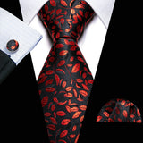 Barry.Wang Ensemble cravate et boutons de manchette en soie pour homme, motif jacquard, rouge, bordeaux, rose, pour mariage, affaires, fête