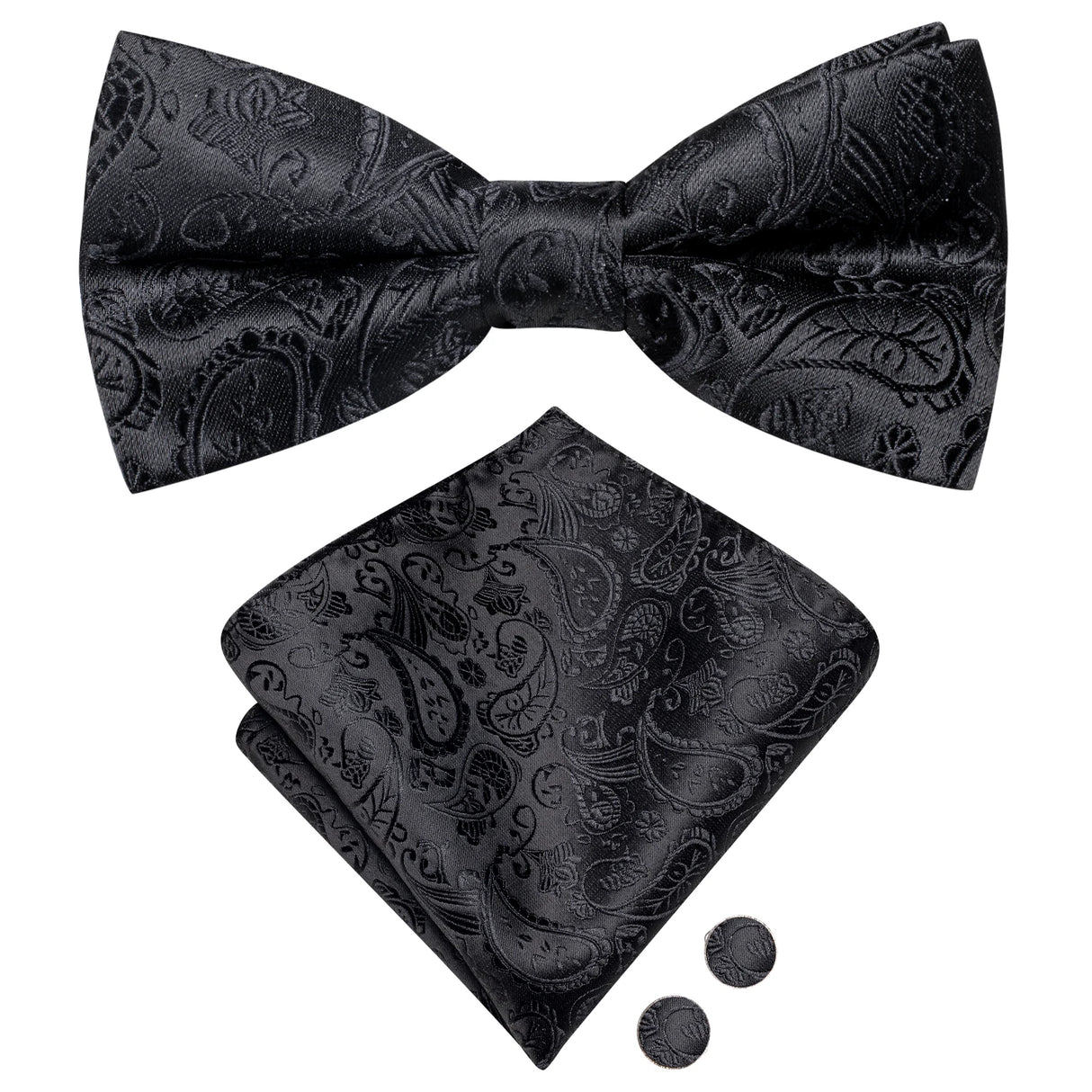 Hi-Tie Black White Silver Grey Brown Silk Mens Bow Tie Hankerchief Cufflinks Set Pre-tied Butterfly Knot Adjustable Bowtie Male