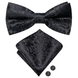 Hi-Tie Black White Silver Grey Brown Silk Mens Bow Tie Hankerchief Cufflinks Set Pre-tied Butterfly Knot Adjustable Bowtie Male