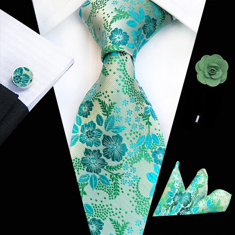 Ensemble de cravates en soie rose floral pour hommes, ensemble de cravates de fête de mariage, mouchoir, broche, boutons de manchette, accessoires pour hommes de haute qualité Gravata