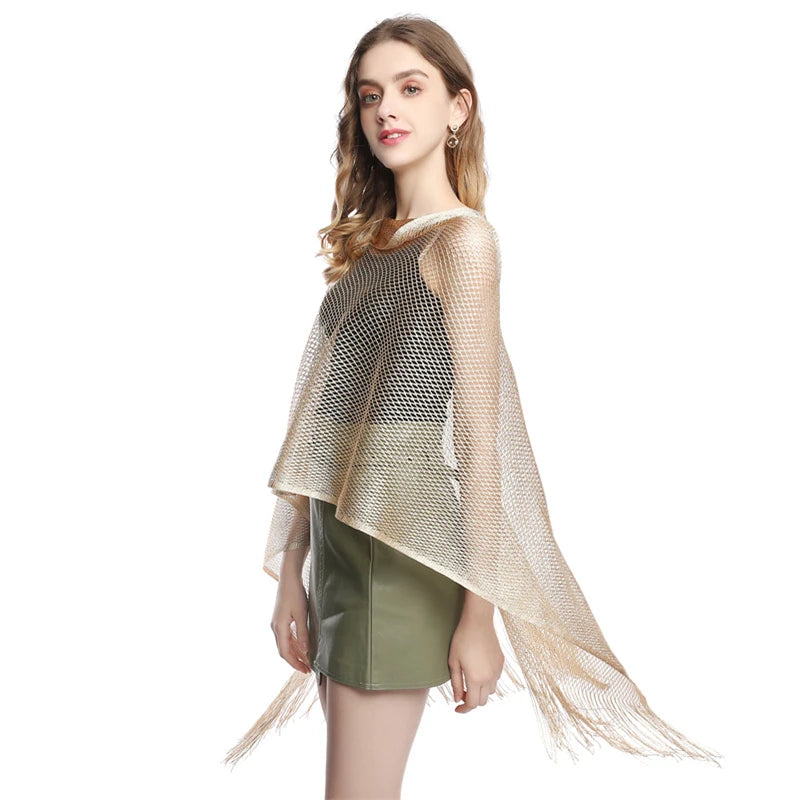 Women Sun Protection Shawl Lady Hollow Out Summer Poncho Holiday Bikini Blouse Breathable Beach Cape Tassel Solid Color Cloak