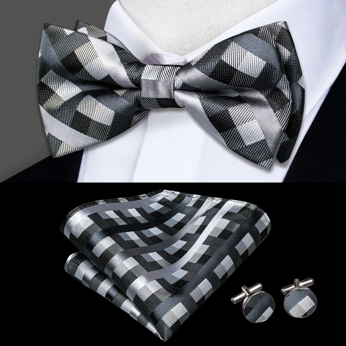 Hi-Tie Jacquard Silk Nœud papillon pour homme, ensemble de boutons de manchette et mouchoir, nœud papillon pré-noué, noir, blanc, gris, bleu, rouge, vert, rose, violet