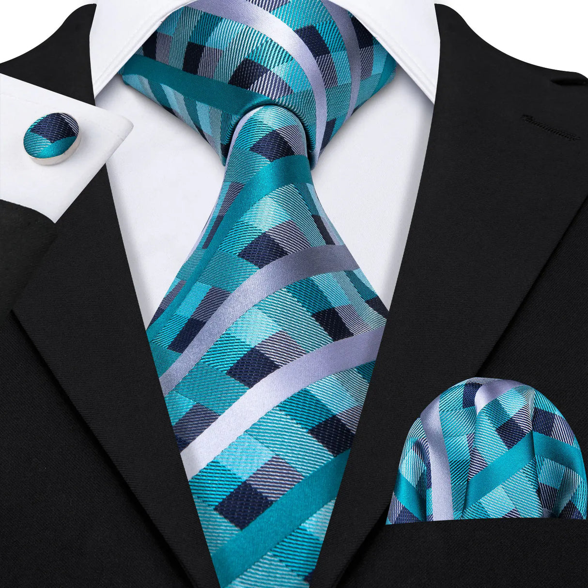 Barry.Wang Ensemble cravate et mouchoir en soie à carreaux pour homme, motif jacquard, idéal pour un mariage, un marié ou une équipe