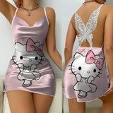 Mini Dress Pajama Skirt Hello Kitty Sexy Dresses Off Shoulder Bow Knot Satin Surface Womens Fashion Summer 2024 Short Party Lace