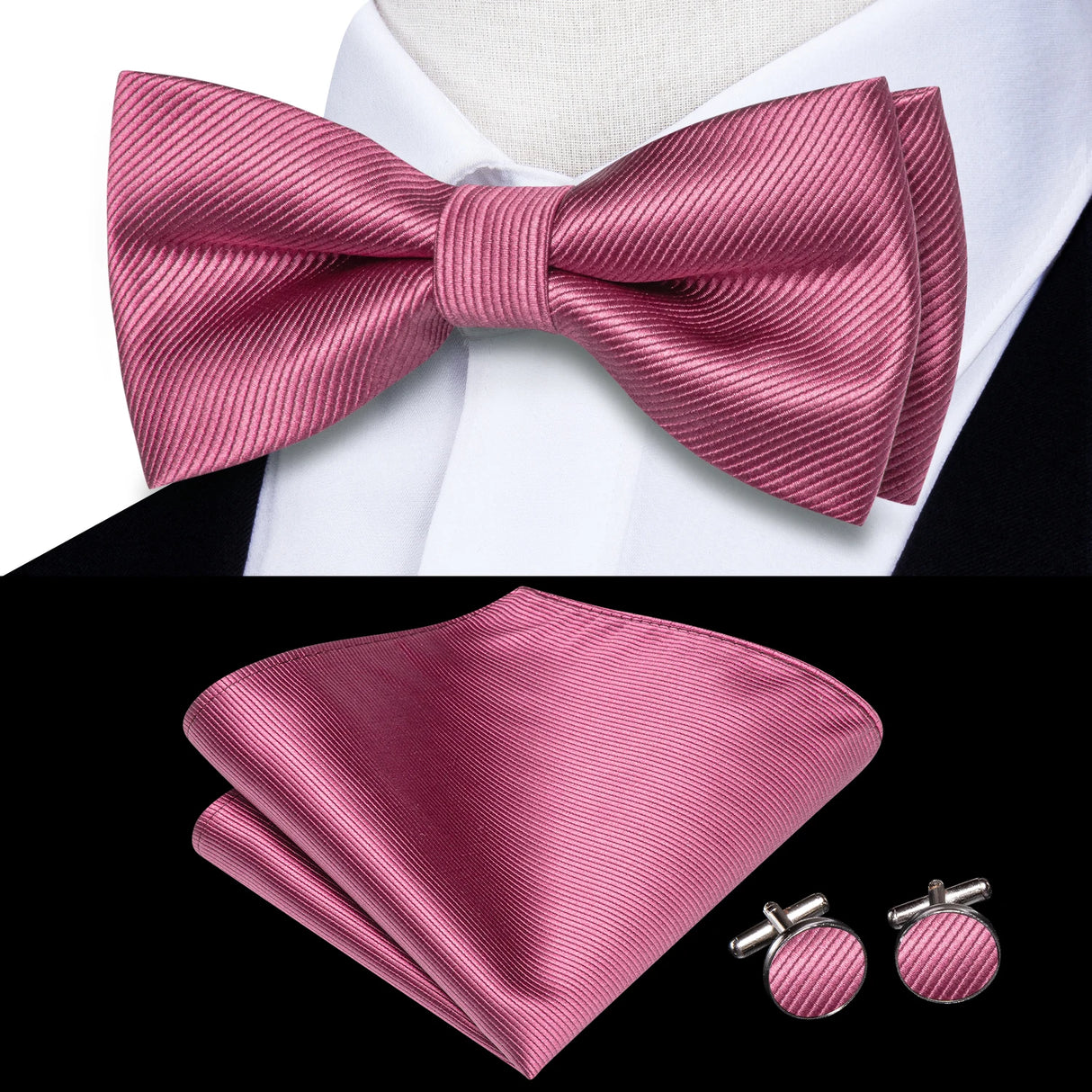 Hi-Tie Jacquard Silk Nœud papillon pour homme, ensemble de boutons de manchette et mouchoir, nœud papillon pré-noué, noir, blanc, gris, bleu, rouge, vert, rose, violet