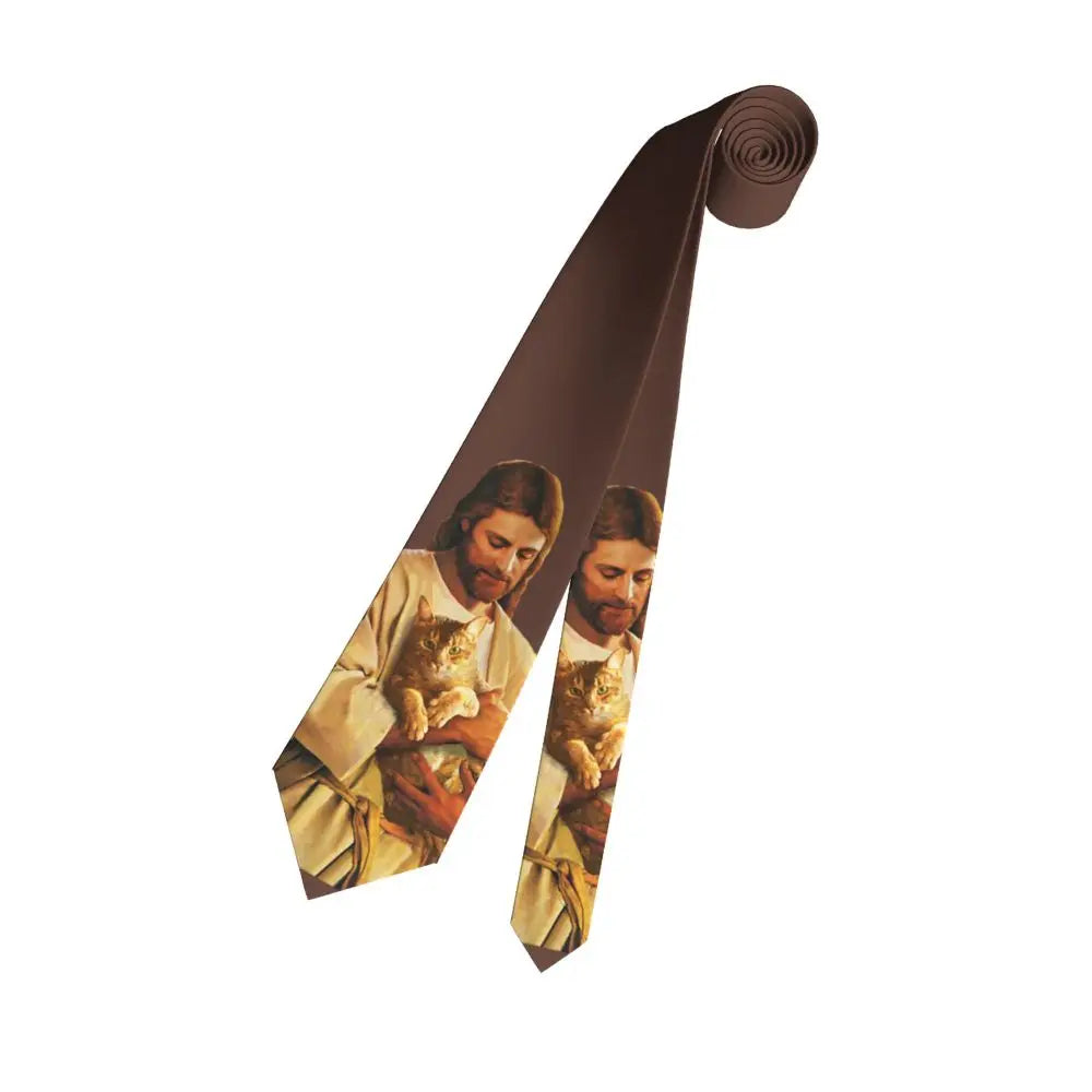 Cravate unisexe Christ et son chat en soie et polyester, 8 cm de large, motif Jésus, pour homme, accessoire de mariage ou de bureau