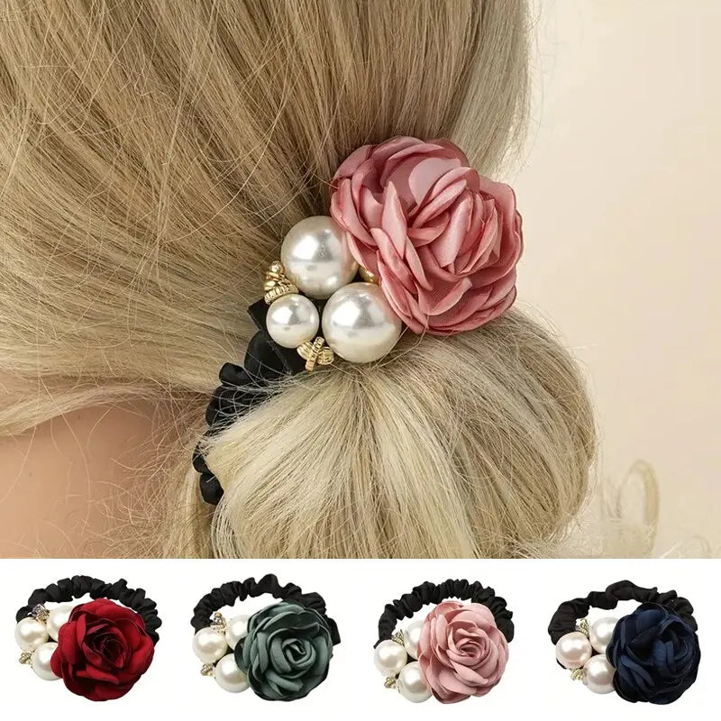 Élastiques à cheveux en forme de fleur de rose perlée, élastiques à cheveux, bandeaux en caoutchouc extensibles, bandeaux floraux, chouchous, porte-queue de cheval