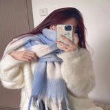 Female Korean Style Thickened Scarf Long Tassel Necks Warm Cashmere Scarf Thicker Versatile Four Color Gradient Tie Dye Scarf