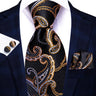 Cravate élégante pour homme, motif cachemire, rayures noires et dorées, en soie, pour mariage, mouchoir, boutons de manchette, pour entreprise, fête, livraison directe