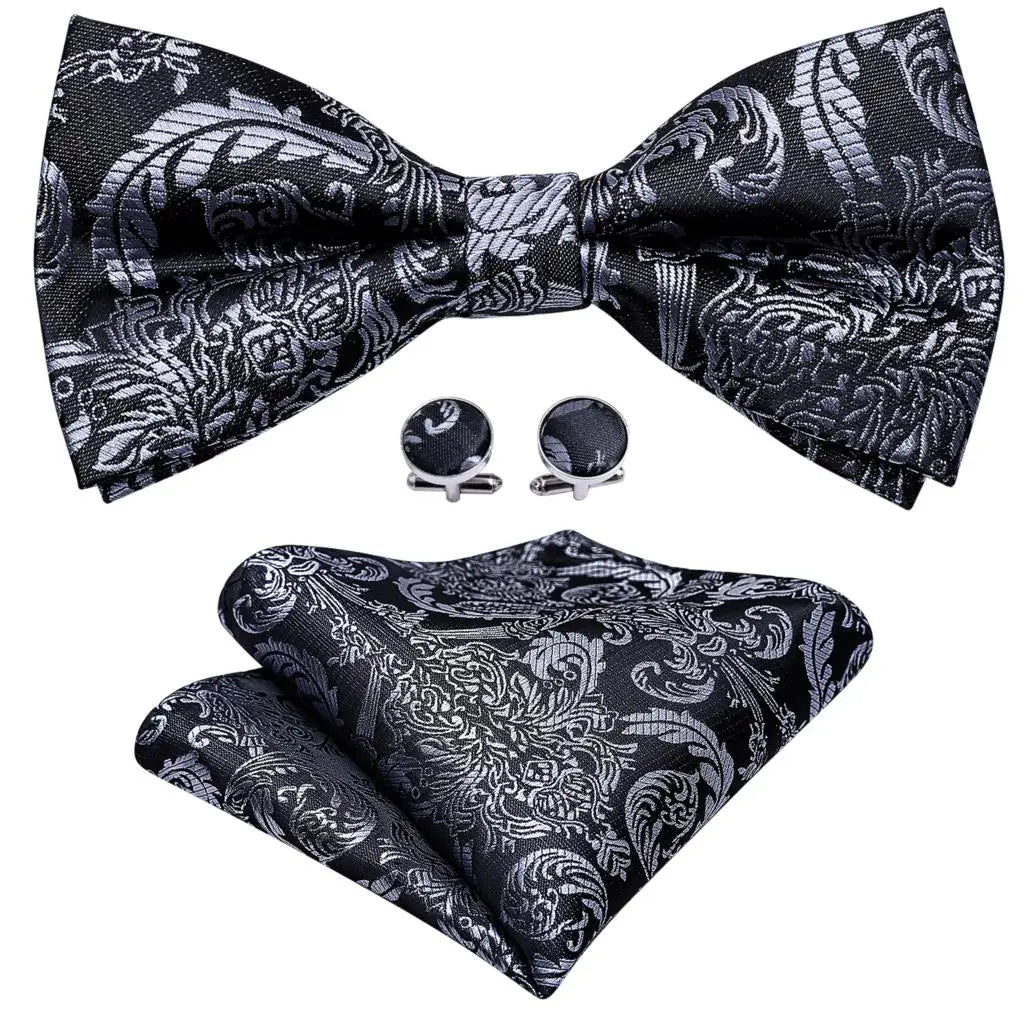 Barry.Wang Silk Mens Bow Tie White Green Pink Purple Jacquard Paisley Floral Pre-Tied Bowtie Hanky Cuffs Set Wedding Business