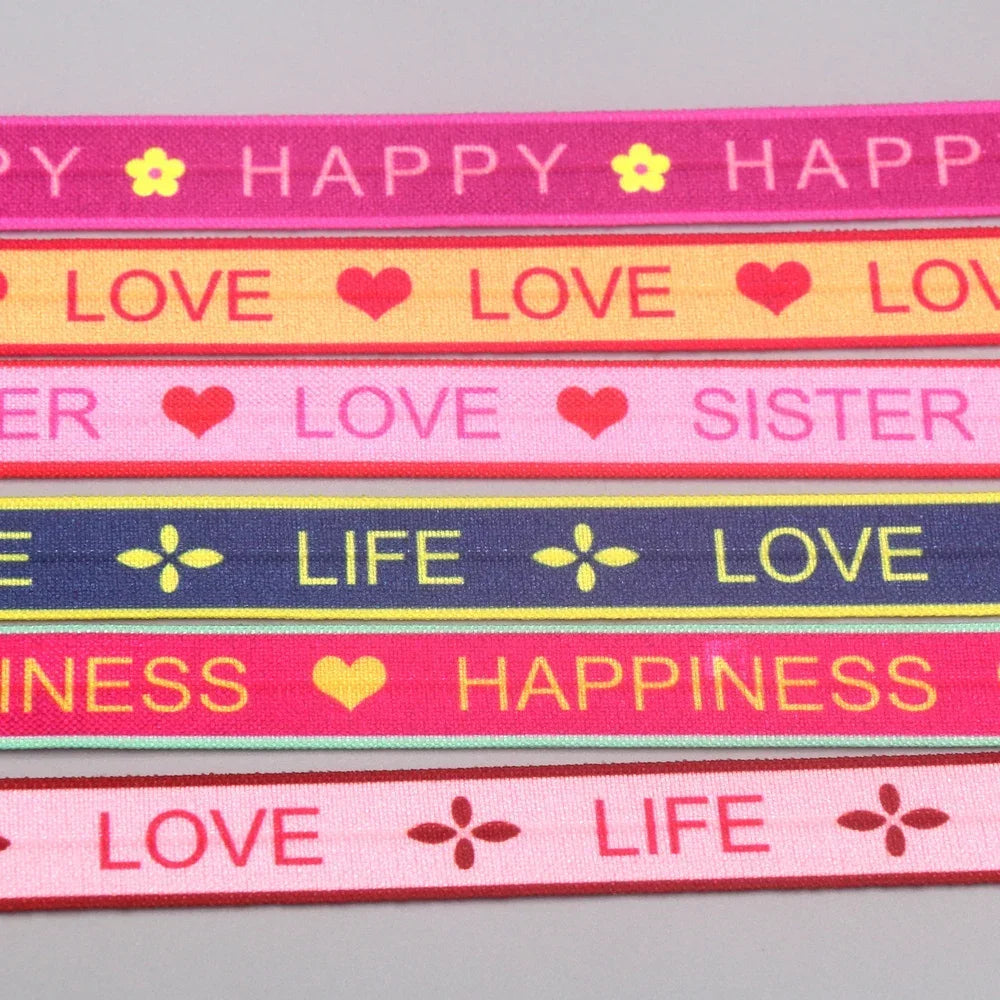 DHK 5/8'' 5yards Love Sister Life Happy Printed Fold Elastic FOE Stretch Ribbon Decorations Craft DIY Sewing C2594