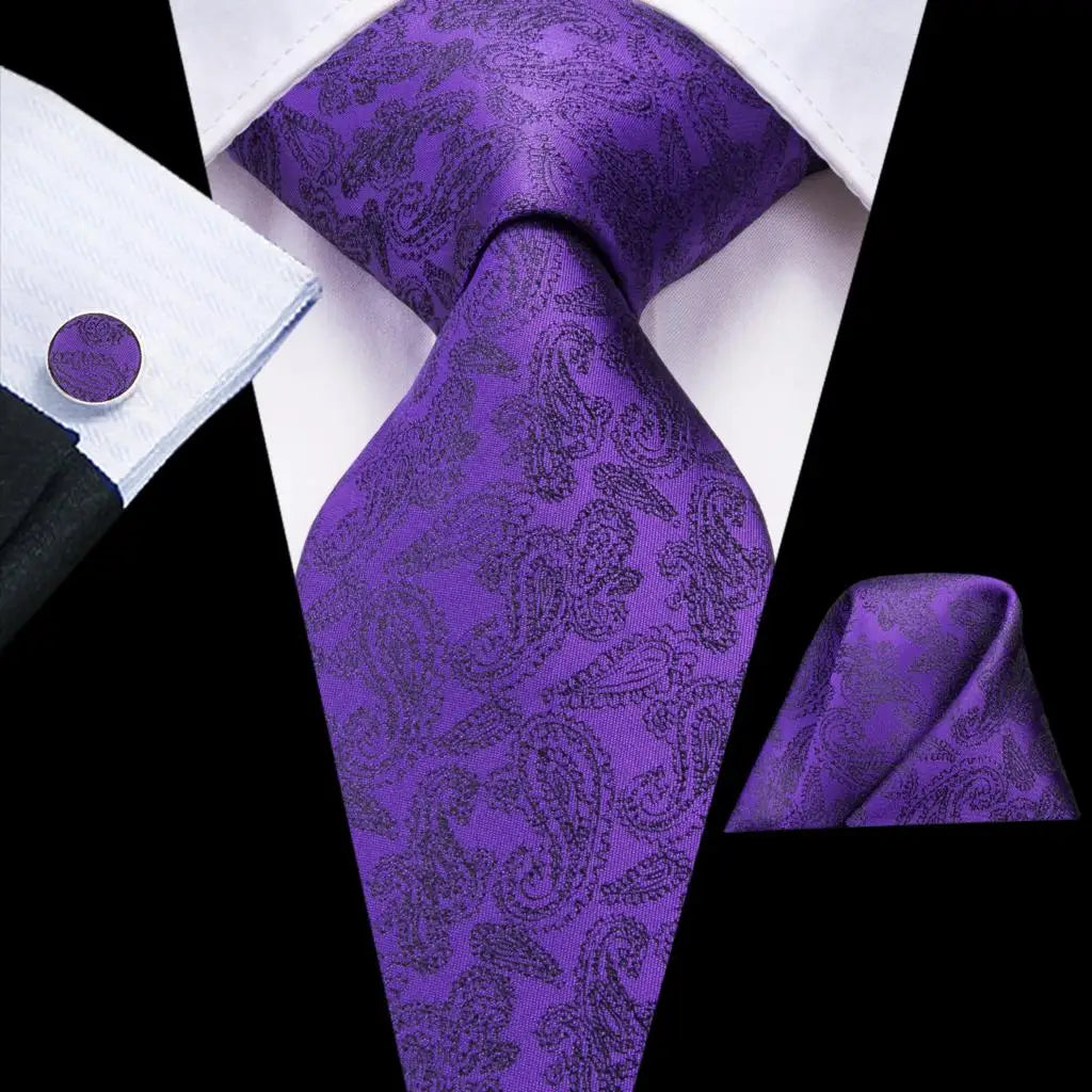 Hi-Tie – Cravate de mariage en soie violette unie à motif cachemire pour homme, ensemble de qualité avec boutons de manchette et mouchoir, cadeau tendance, livraison directe