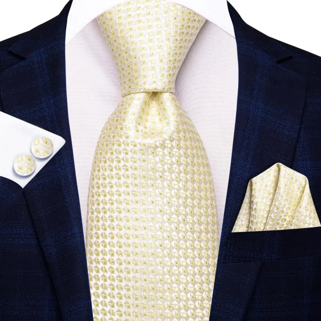 Hi-Tie Cravate de mariage en soie à motif floral, couleur champagne ivoire massif, pour homme, de qualité, avec boutons de manchette, tendance, pour entreprise, livraison directe