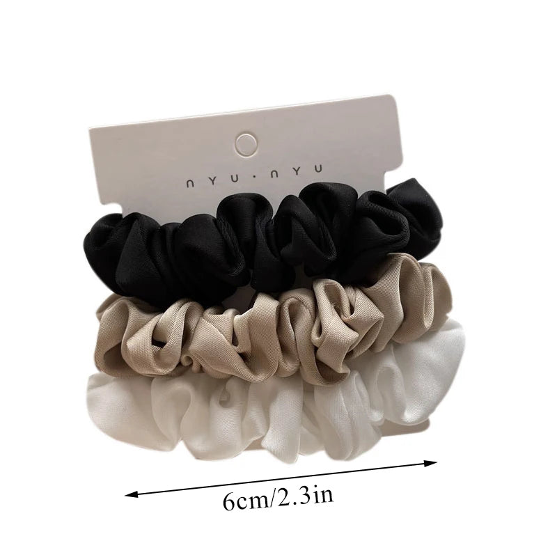 Lot de 3 élastiques à cheveux en soie faits à la main, en satin soyeux, pour queue de cheval, couleur café noir et blanc