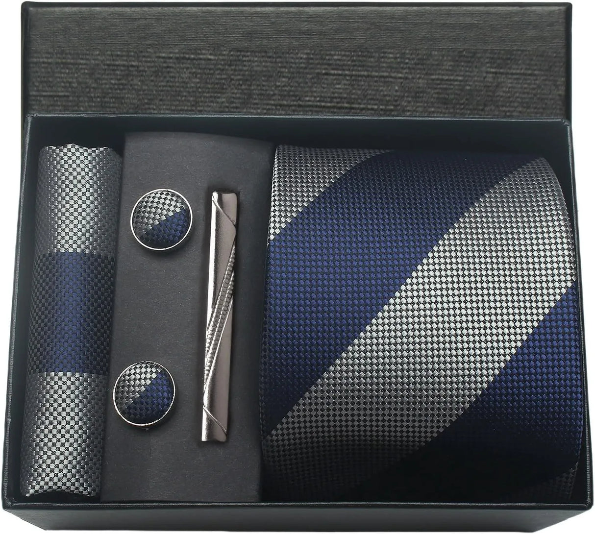 Classic 100% Silk Men's Ties In Gift box 8cm Plaid Dot Striped Business Necktie Handkerchief Cufflinks Wedding Party Tie Set