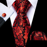 Barry.Wang Ensemble cravate et boutons de manchette en soie pour homme, motif jacquard, rouge, bordeaux, rose, pour mariage, affaires, fête