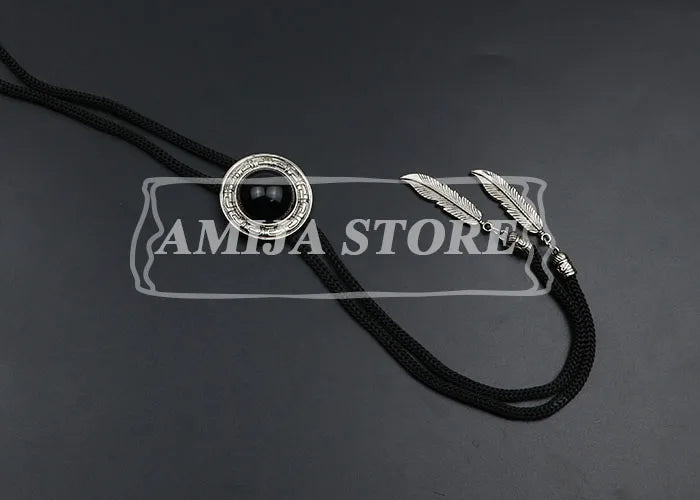 Vintage Bolo Tie Shirt Chain Cowboy Jazz Alloy Men Women Leather Rope Long Necklace Imitation Obsidian Sweater Chain Men Accesso
