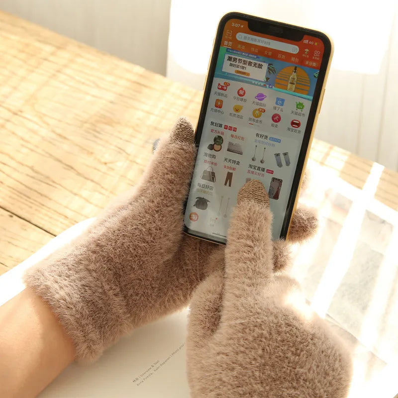 Gants tricotés d'hiver chauds et épais en fourrure pour écran tactile, mitaines solides pour téléphone portable, tablette, gants en laine et cachemire pour femmes