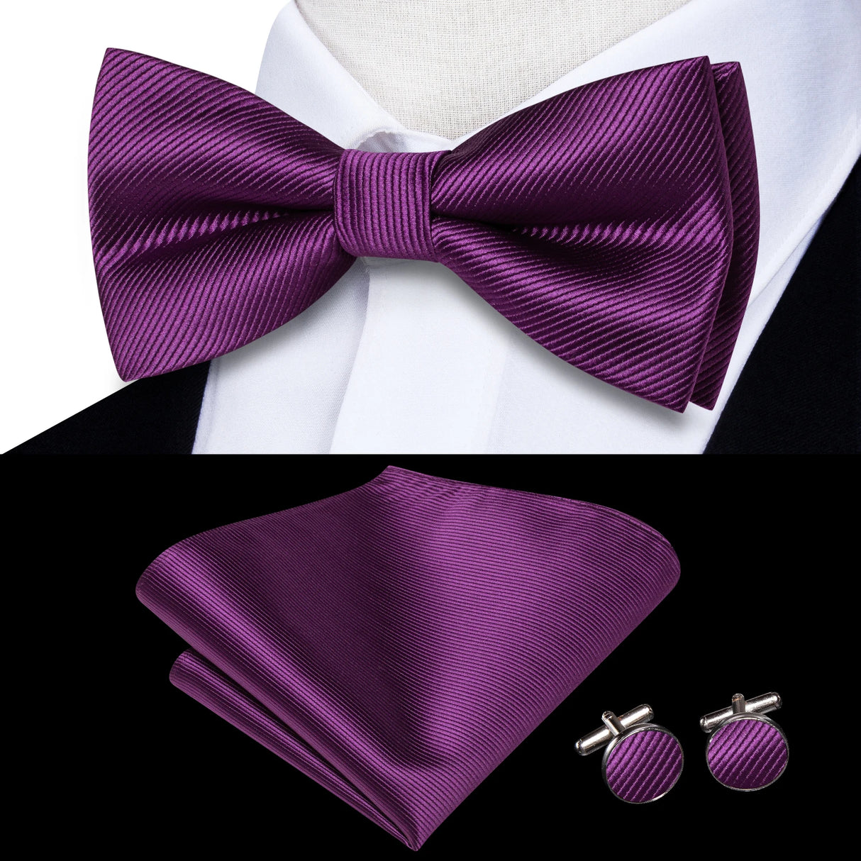 Hi-Tie Jacquard Silk Nœud papillon pour homme, ensemble de boutons de manchette et mouchoir, nœud papillon pré-noué, noir, blanc, gris, bleu, rouge, vert, rose, violet