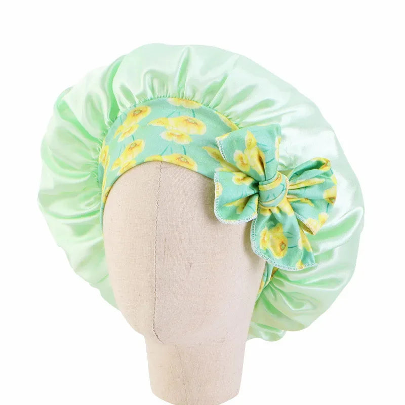 Bonnet de nuit pour enfants et filles, imprimé floral, bonnet de nuit en satin, turban, bonnet de nuit pour enfants, bonnet de soins capillaires, bonnet de nuit
