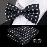Hi-Tie Black White Silver Grey Brown Silk Mens Bow Tie Hankerchief Cufflinks Set Pre-tied Butterfly Knot Adjustable Bowtie Male