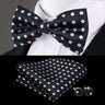 Hi-Tie Black White Silver Grey Brown Silk Mens Bow Tie Hankerchief Cufflinks Set Pre-tied Butterfly Knot Adjustable Bowtie Male