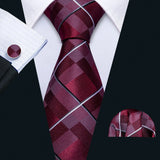 Barry.Wang Ensemble cravate et boutons de manchette en soie pour homme, motif jacquard, rouge, bordeaux, rose, pour mariage, affaires, fête
