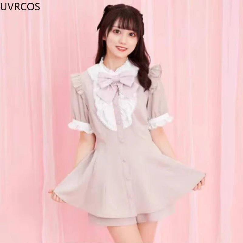Robe style gothique japonais Y2K Lolita à carreaux avec nœud en strass et short, ensemble doux pour femmes, chemise à manches courtes bouffantes et boutons, robes de soirée