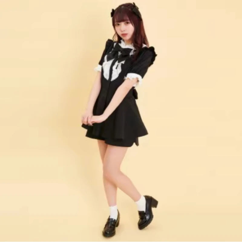 Robe style gothique japonais Y2K Lolita à carreaux avec nœud en strass et short, ensemble doux pour femmes, chemise à manches courtes bouffantes et boutons, robes de soirée