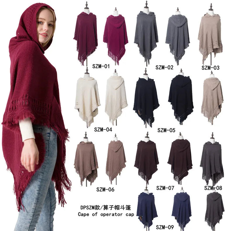 Cape à capuche tricotée pour femme, nouvelle collection automne et hiver, châle, couleur unie, tricot une pièce, grand châle