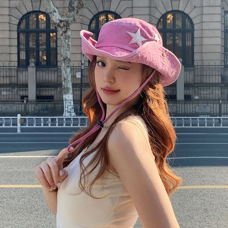 Retro Y2K Spice Girls Style Fisherman Hat Summer Cowboy Sun Cap Travel Photo Bob Panama Women Outdoor Hiking Sunshade Bucket Hat