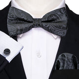 Barry.Wang Silk Mens Bow Tie White Green Pink Purple Jacquard Paisley Floral Pre-Tied Bowtie Hanky Cuffs Set Wedding Business