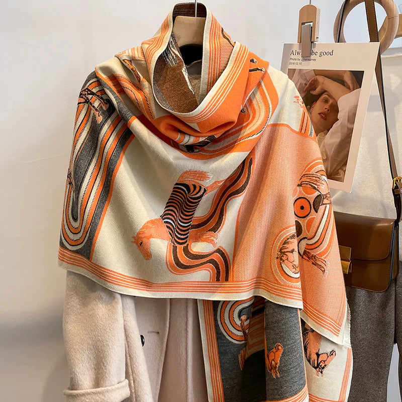 Bufanda de lujo con estampado floral para mujer, cálida, de cachemira, pashmina, para invierno, manta gruesa, 2023