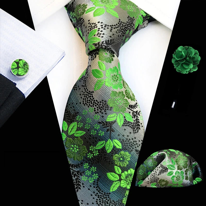 Ensemble de cravates en soie rose floral pour hommes, ensemble de cravates de fête de mariage, mouchoir, broche, boutons de manchette, accessoires pour hommes de haute qualité Gravata