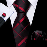 Barry.Wang Ensemble cravate et boutons de manchette en soie pour homme, motif jacquard, rouge, bordeaux, rose, pour mariage, affaires, fête
