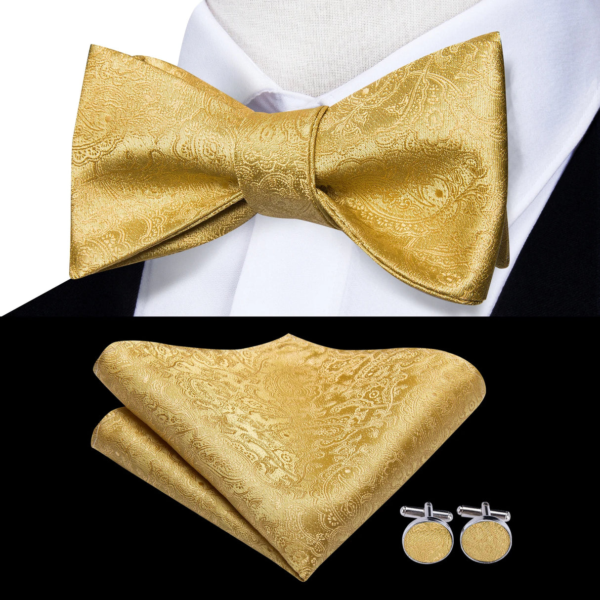 Hi-Tie Ensemble nœud papillon en soie pour homme, mouchoir et boutons de manchette, bleu, rouge, or, noir, blanc, jacquard, nœud papillon, mariage, affaires