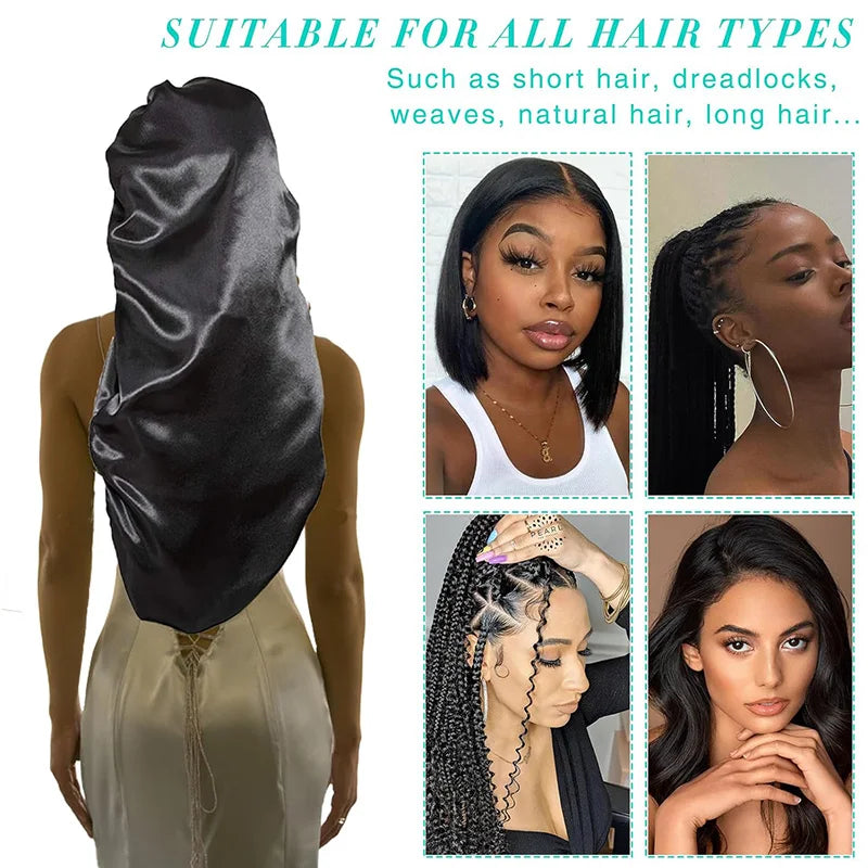 Women long Oversized Elastic Satin Bonnet Sleeping Cap With Ribbon Breathable Sleeping Cap Turban Sleep Headwear Bandanas