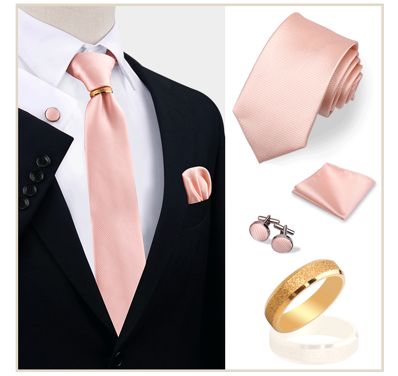Ensemble de cravates en soie de luxe pour hommes, cravate, mouchoir, boutons de manchette avec anneau en métal doré, broche, costume, fête de mariage, accessoires pour hommes