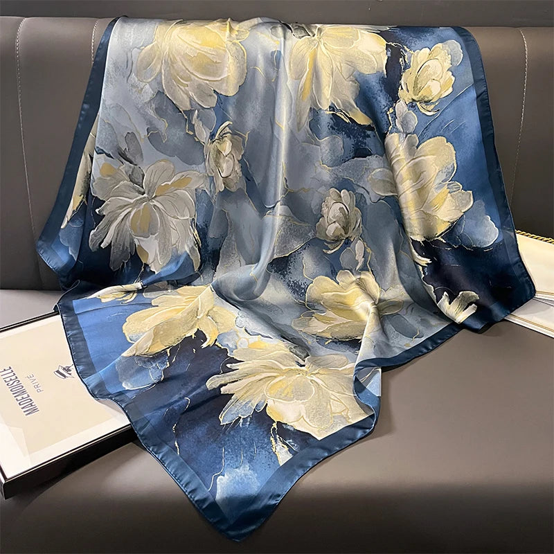 Foulard carré en satin de soie imprimé pour femme, hijab, bandana, 90 cm