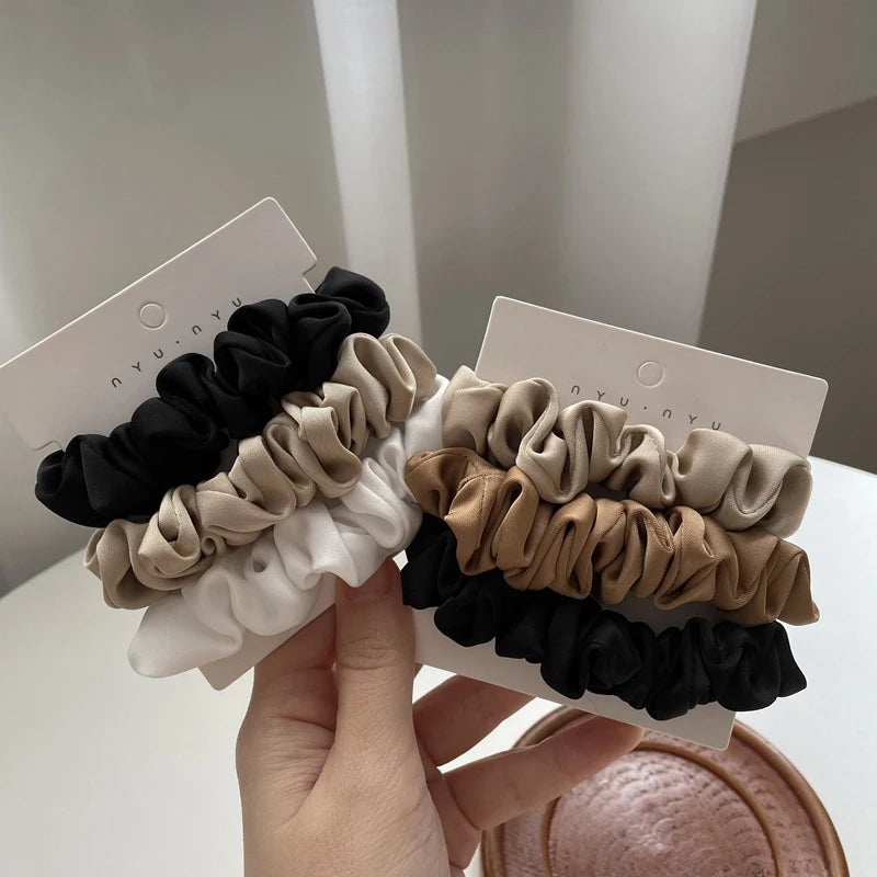 Lot de 3 élastiques à cheveux en soie faits à la main, en satin soyeux, pour queue de cheval, couleur café noir et blanc