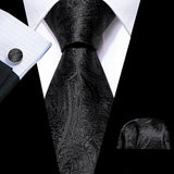 Cravates en soie noire pour hommes, classiques, solides, tissées de haute qualité, avec pochette et boutons de manchette, pour soirées formelles, design Barry.Wang